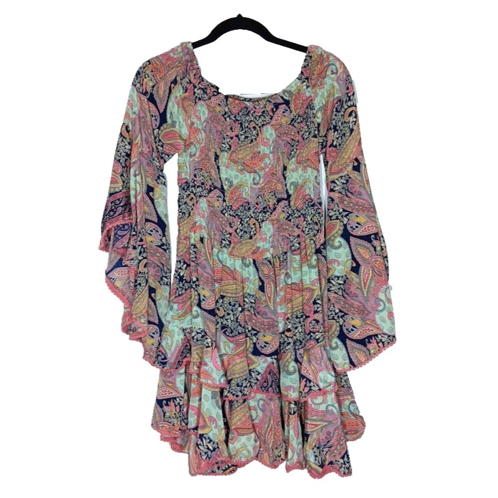 Flex Moda Boho Paisley Silk Blend Dress Womens Long Bell Sleeve Ruffle OS